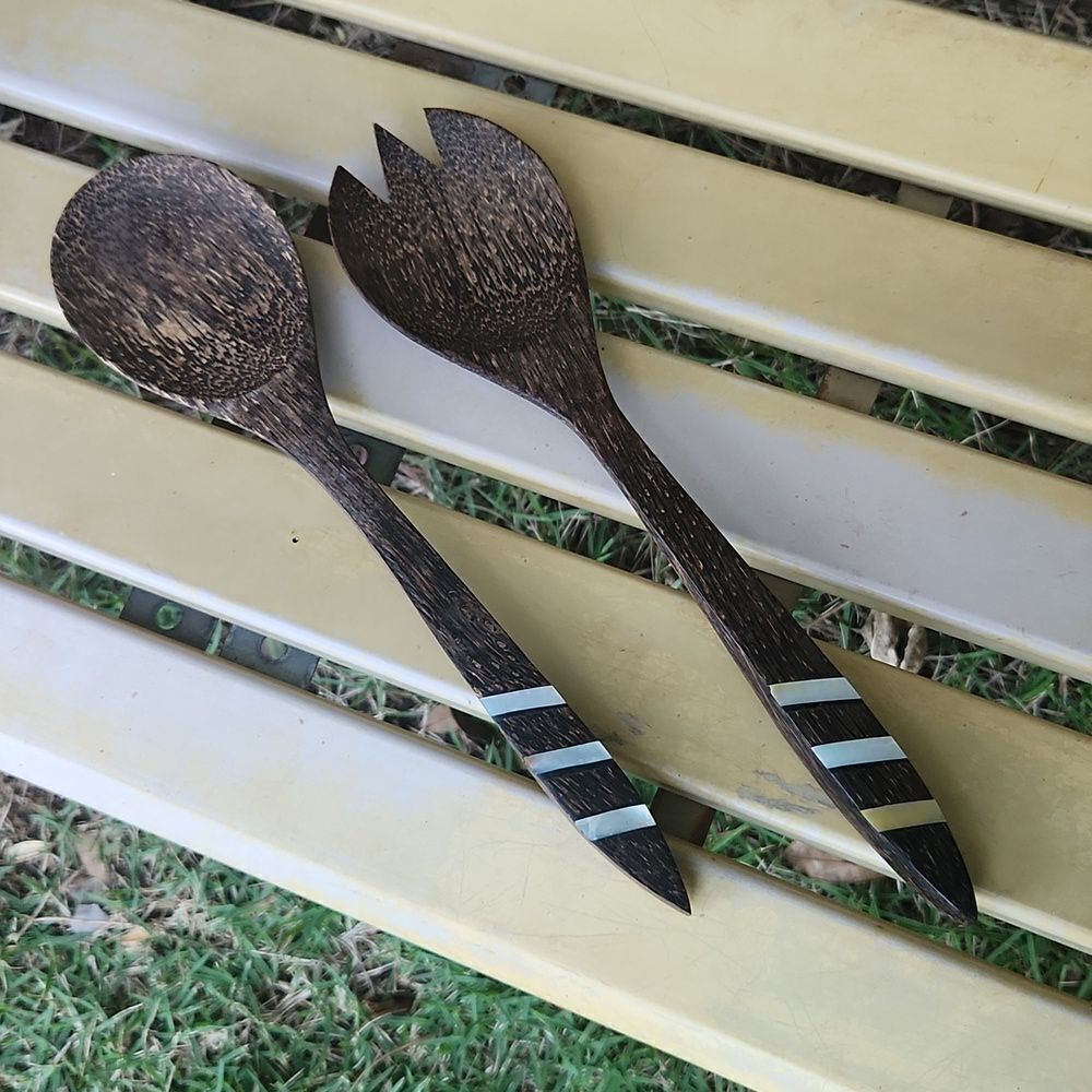 Salad Fork Spoon Wooden Serving Set Abalone Inlay
